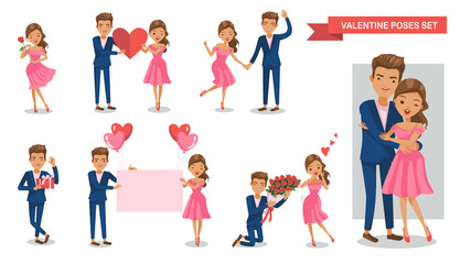 Valentine Couple characters set. Are holding together Balloons, bouquets, roses, hearts, paper, Gift box, hugging,Concept of love. Vector  illustration. isolated on white background