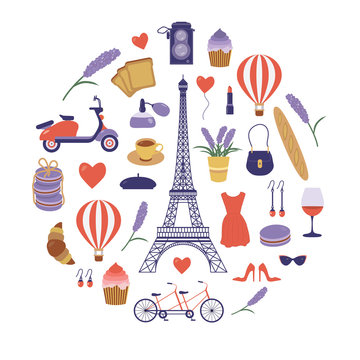 Paris icon set with Eiffel tower. France symbols collection in flat design. Parisian vacation card or print pattern in cartoon style. Romantic french travel elements. France tourism vintage postcard.