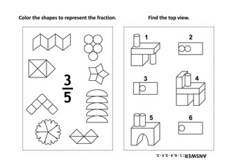 Two visual math puzzles and coloring pages. Color the shapes to represent the fraction. Find the top view. Black and white. Answers included.
