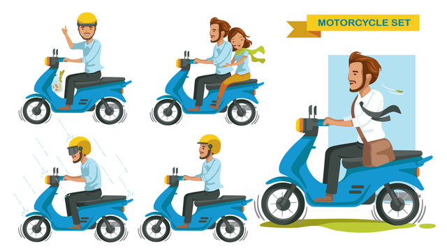 Riding motorcycle set. Man gestures are driving many motorcycles. Thumbs up. Couple riding a motorcycle. Driving in the rain. Drive safely, wear a helmet. Businessmen drive to work. vector isolated