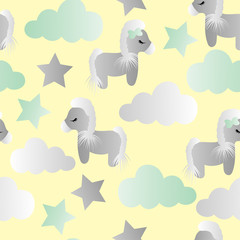 pattern with cartoon pony, clouds and stars