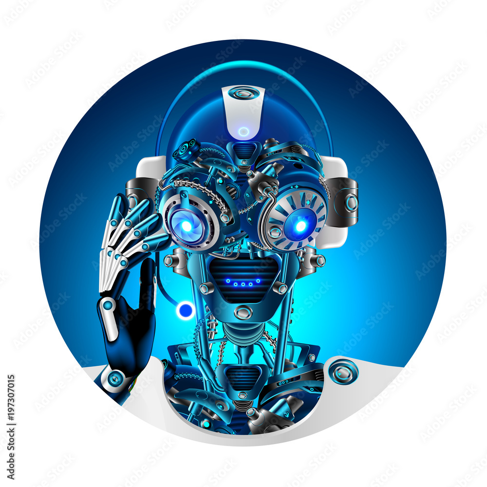Poster Robot face with headphone and microphone answering questions. Avatar or user pic technical support. Cyborg or bot with Artificial intelligence