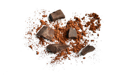 Broken Chocolate pieces on white clothing background