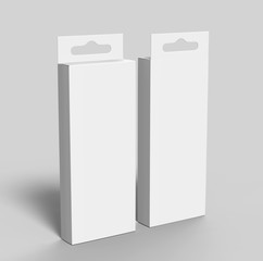 Hanging white blank cardboard packaging box with hang tab retail box for mock up design and design presentation. 3d render illustration.