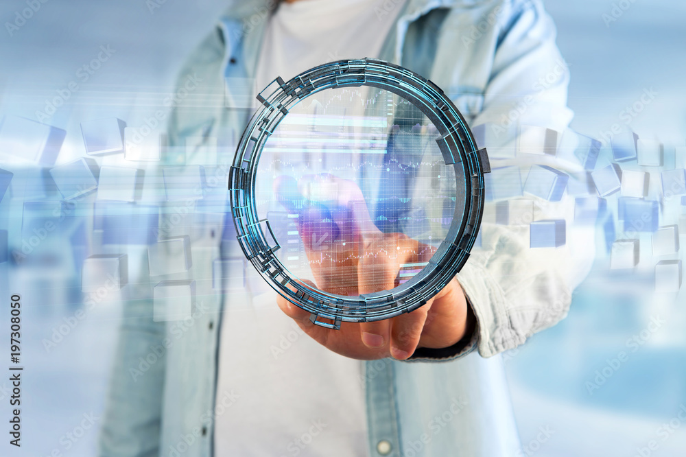 Poster hologram made of wheel with a futuristic finance data interface - 3d render