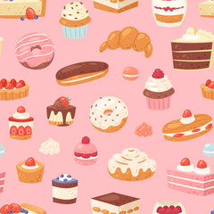 Cake vector chocolate confectionery cupcake and sweet confection dessert with caked candies illustration confected donut with chococream and sweets in bakery set seamless pattern background