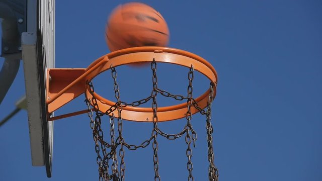 Slow Motion Shooting with Ball Falls into Basketball Hoop