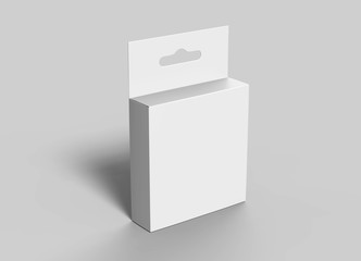 Hanging white blank cardboard packaging box with hang tab retail box for mock up design and design presentation. 3d render illustration.