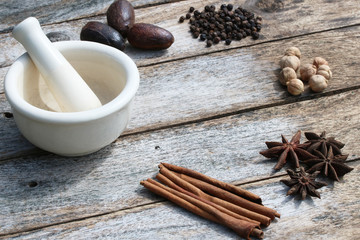 dry seasoning and herb for cooking kitchen on wood table