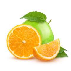 Isolated fruits. Cut green apples and orange fruits isolated on white background with clipping path