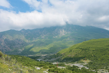 The Genaldon (Karmadon) Gorge summer view. North Ossetia, Russia. The Caucasus Mountains.