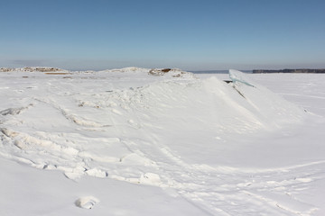 Ice breaking on the river in early spring, Ob reservoir, Russia