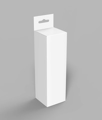 Hanging white blank cardboard packaging box with hang tab retail box for mock up design and design presentation. 3d render illustration.
