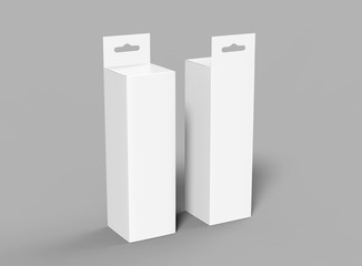 Hanging white blank cardboard packaging box with hang tab retail box for mock up design and design presentation. 3d render illustration.