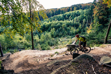 Mountain biker riding cycling in autumn forest
