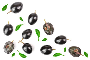 Dark grapes decorated with leaves isolated on white background with copy space for your text, top view. Flat lay