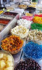 Topping mixed of thai shaved ice desserts in Thailand.