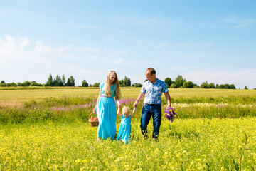 Fototapeta premium Young happy caucasian family hold baby girl celebration fathers day outdoors. Summer, green field, blue sky