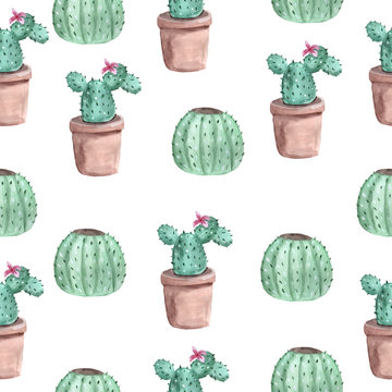 Watercolor cactus. Seamless patten. Bright green. Thorny plant. For print on clothes, postcard. For your design. 