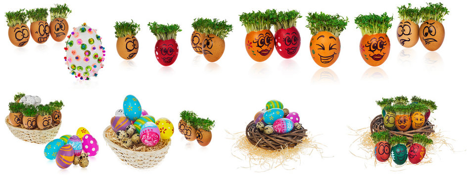 Handpainted Easter eggs in funny scared and surprised cartoonish faces in the basket with cress like hair look at the outstanding foreign individual egg.