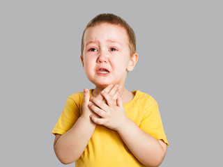 Portrait of dissatisfied crying baby boy 3 yaears old, isolated on gray background.