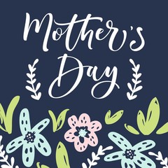Mother's day greeting card with blossom flowers and modern brush calligraphy
