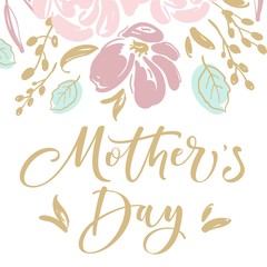Mother's day greeting card with blossom flowers and modern brush calligraphy
