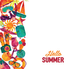 Hello summer vector banner design. Travel and tourism background.  Colorful beach elements. Vector illustration