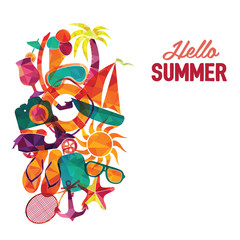 Hello summer vector banner design. Travel and tourism background.  Colorful beach elements. Vector illustration