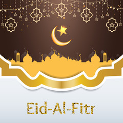 Eid-Al-Fitr greeting card with islamic crescent moon 3D and mosque paper.