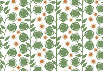 Ornamental seamless pattern with leaf and flowers. Cute print in scandinavian style.The image is made in the style of spring things. Abstract background. Ornamental, traditional, simple.