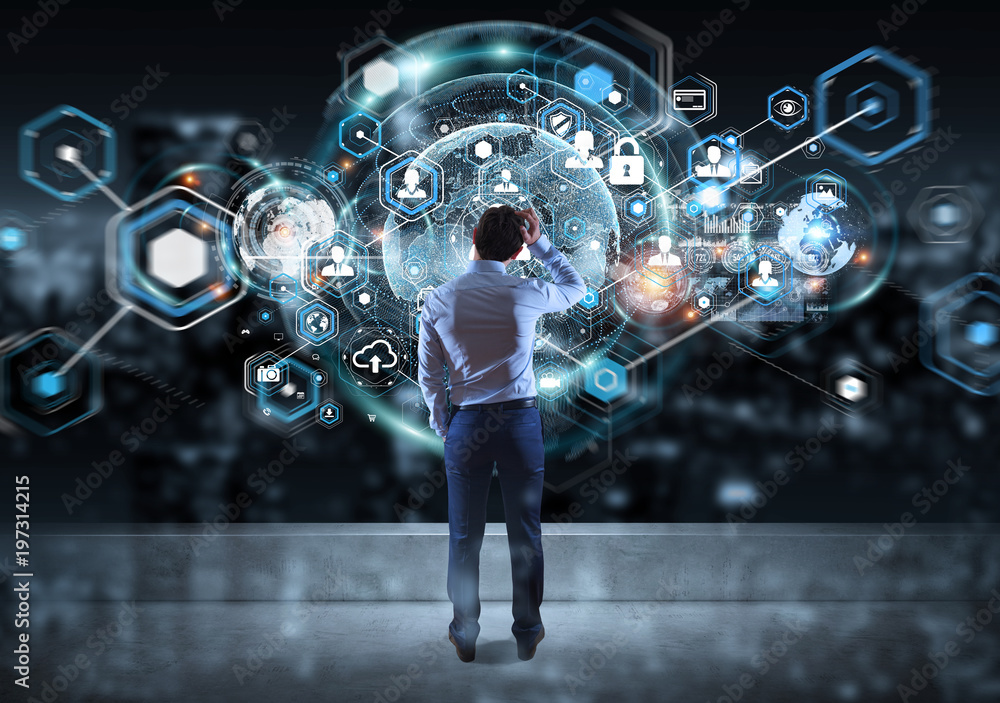 Poster Businessman watching social network interface on a rooftop 3D rendering