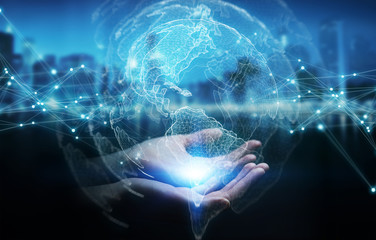 Businesswoman using USA world map interface 3D rendering