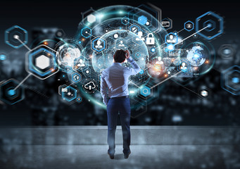 Businessman watching social network interface on a rooftop 3D rendering