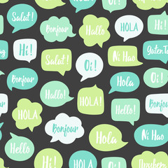 Speech bubbles seamless pattern. Vector background of green bubbles with word hello in different languages: hi, hallo, hola etc. Communication people concept. Vector illustration for language center © Anastasiia23