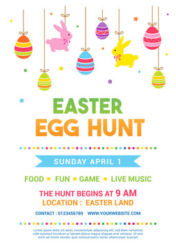 Easter Egg Hunt Poster Vector Illustration. Colorful Easter Hanging Decorations. Flyer Design.