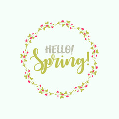 Hello spring greeting card. Illustration with flower wreath.