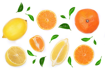 Fototapeta na wymiar lemon and tangerine with leaves isolated on white background. Flat lay, top view. Fruit composition