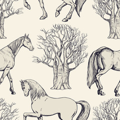 Vintage beautiful background with horses and trees, creative forest, retro seamless pattern, art fabric, fantasy vector print, wallpaper for decoration and design - 197316015