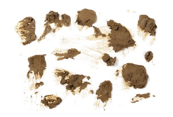 Smeared mud, stains isolated on white background, top view