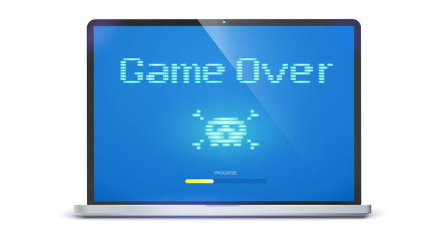 Game over, pixel text, skull and bones on screen. Laptop with message requiring attention. Retro style of TV or computer game , 3D illustration isolated on white background