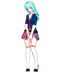 3D sexy anime doll japanese anime schoolgirl big blue eyes and bright makeup. Skirt cage. Cartoon, comics, sketch, drawing, manga illustration. Conceptual fashion art. Seductive candid pose.
