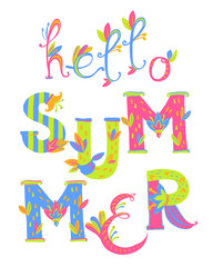 Hand lettering composition. Floral alphabet. Hello summer. 