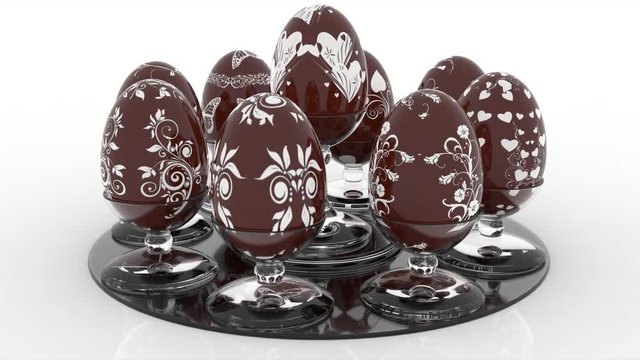 Animazione illustrazione 3D. Serie di Uova di Pasqua decorate con decorazioni varie..