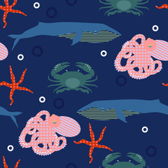 Seamless marine pattern. Background with marine animals.