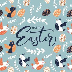 Happy Easter greeting card with calligraphic hand written phrase, holiday poster. Typography design. Vector illustration.