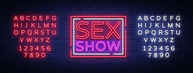 Sex show neon sign. Bright night banner in neon style, neon billboards for advertising sex shows, sex shop, intimate services, adult shows. Vector illustration. Editing text neon sign