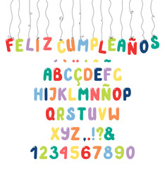 Hand drawn cute roman alphabet with numbers, punctuation marks, diacritics for Spanish, Italian, Portuguese, French. Make your own lettering. Isolated letters on white background. Vector illustration.