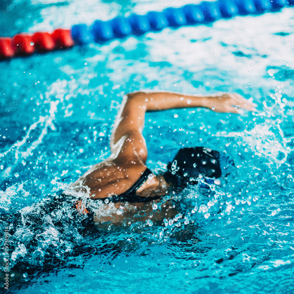 Poster professional swimmer, swimming race, indoor pool