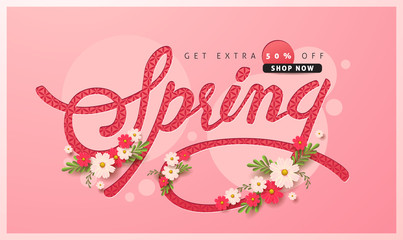 Naklejka premium Spring sale background layout with beautiful colorful flower for banners,Wallpaper,flyers, invitation, posters, brochure, voucher discount.Vector illustration template.